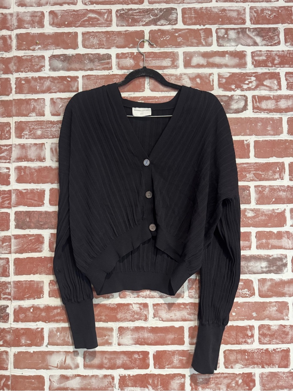 Modern Citizen Black Ribbed Draped Cardigan Balloon Sleeve Sweater Small